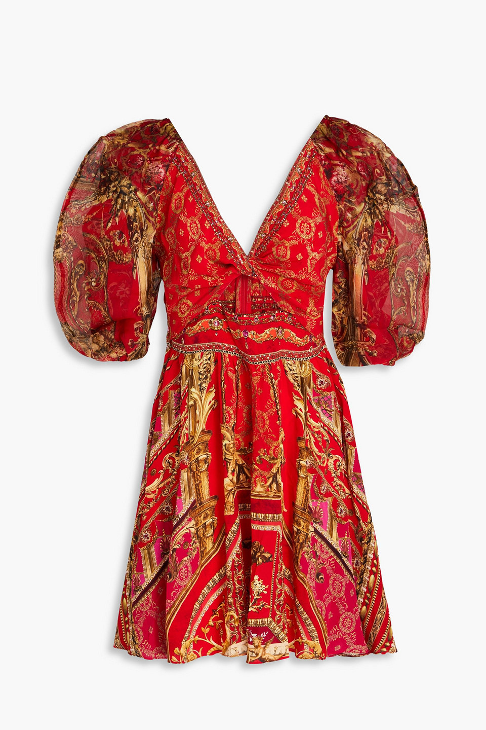 Cutout crystal-embellished printed silk crepe de chine mini dress