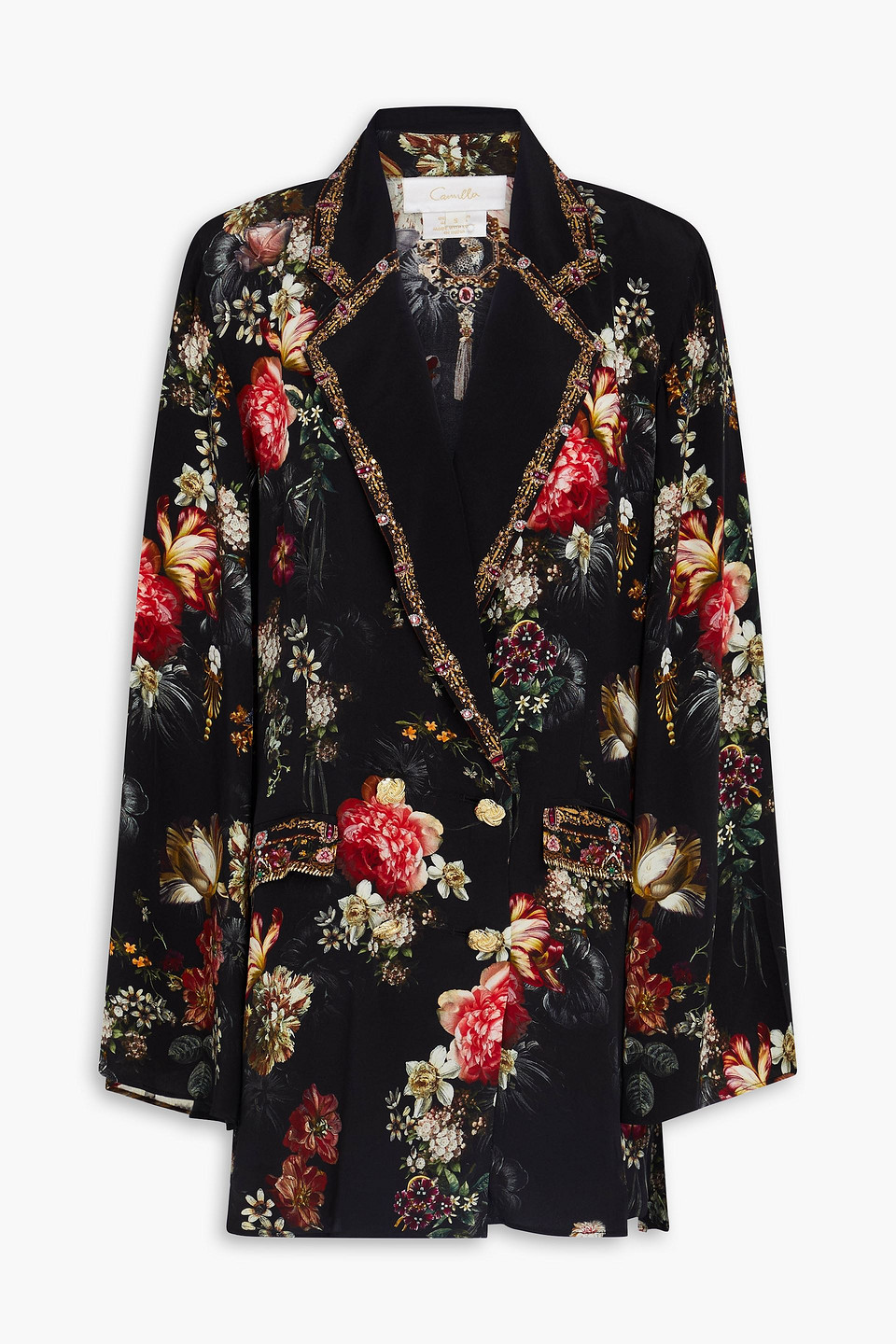 Camilla Crystal-embellished Floral-print Silk Crepe De Chine Blazer In Black