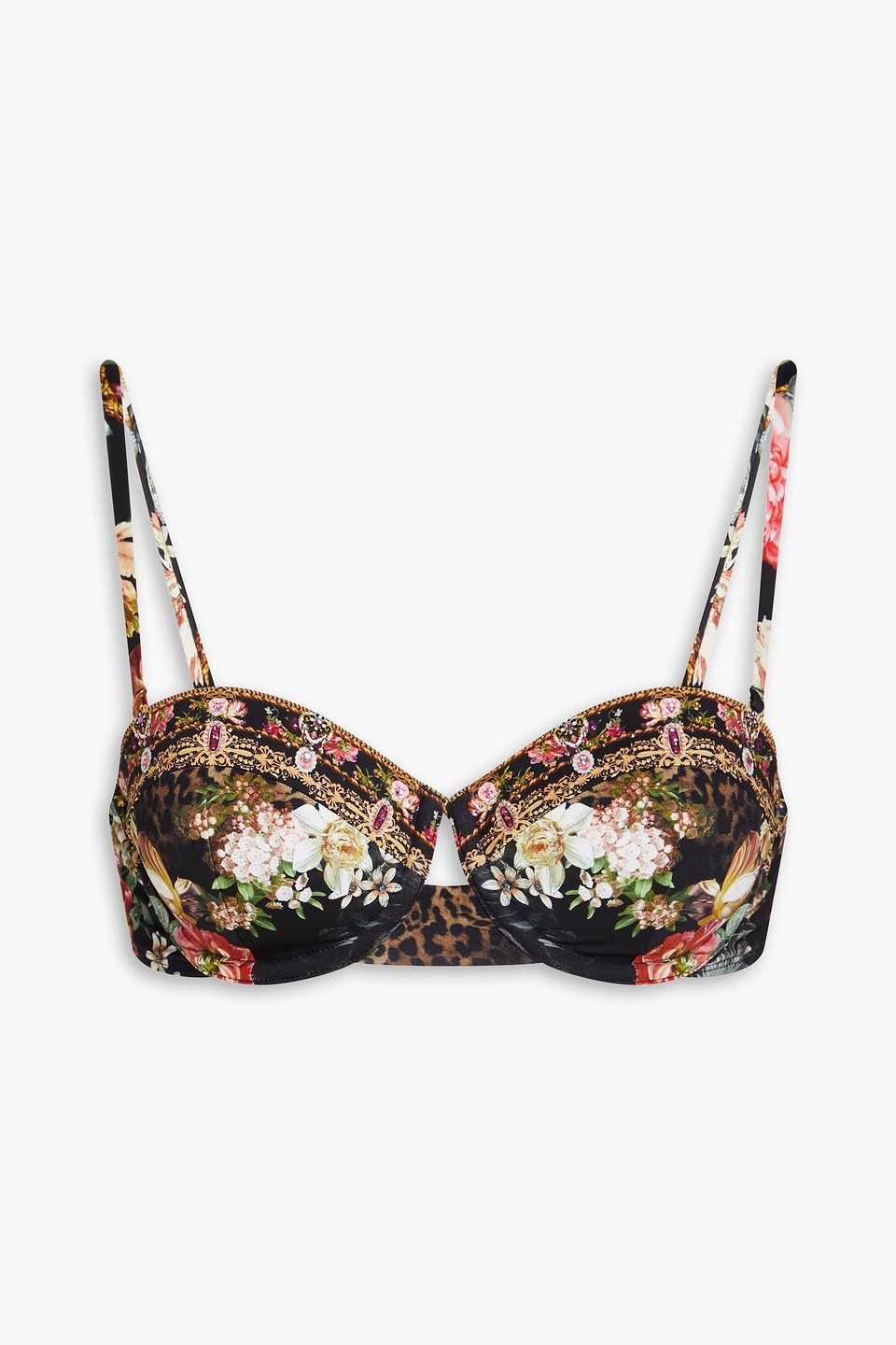 Camilla Bikini-oberteil Mit Floralem Print Und Kristallverzierung In Schwarz