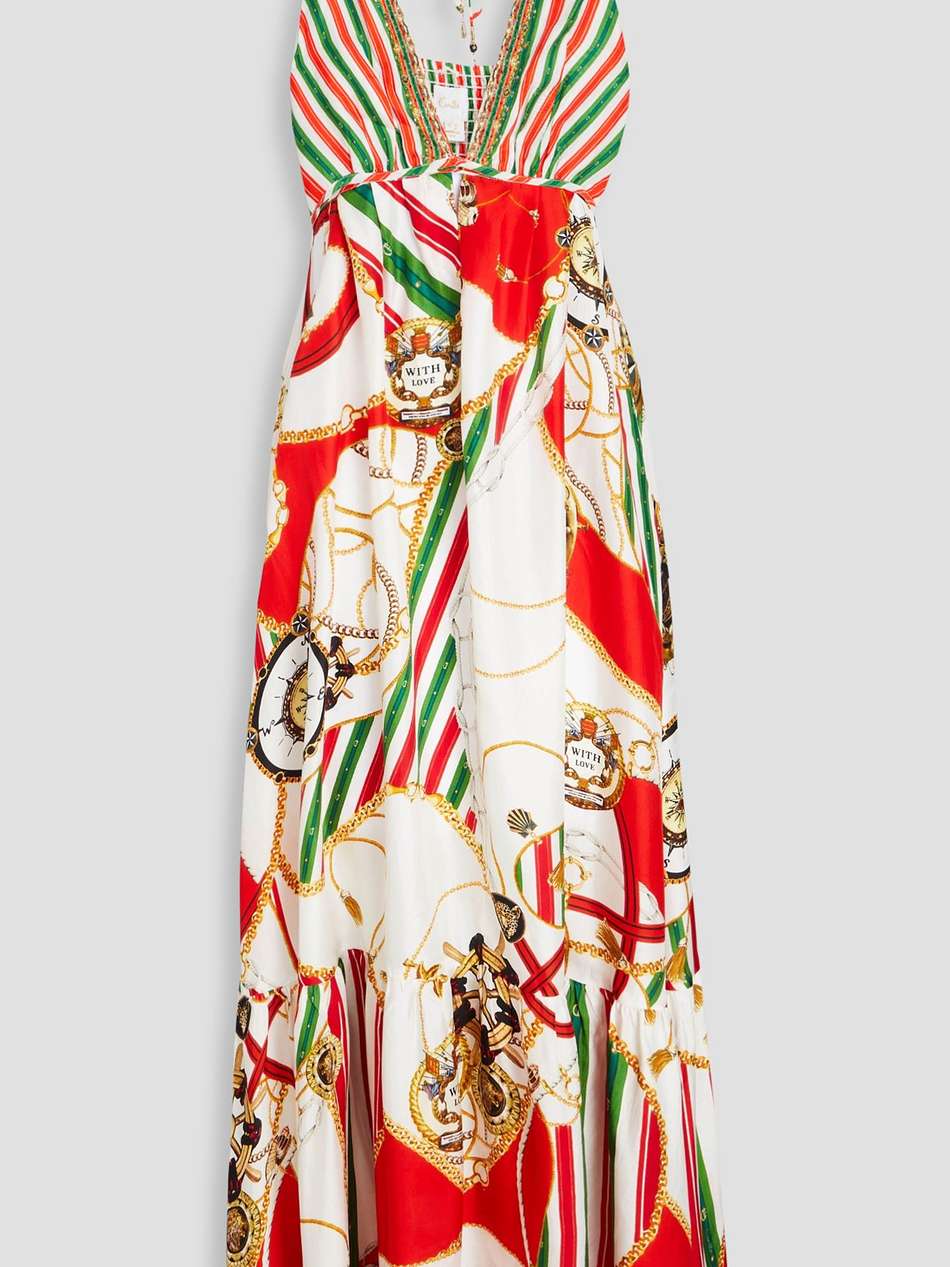 crystal-embellished printed silk-twill maxi dress