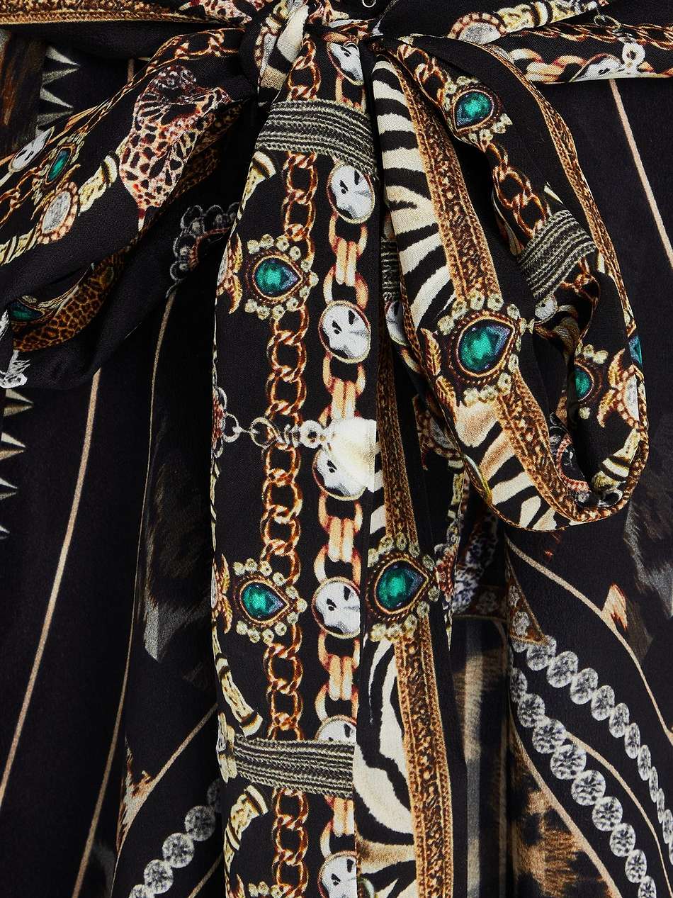belted printed silk crepe de chine and voile mini dress