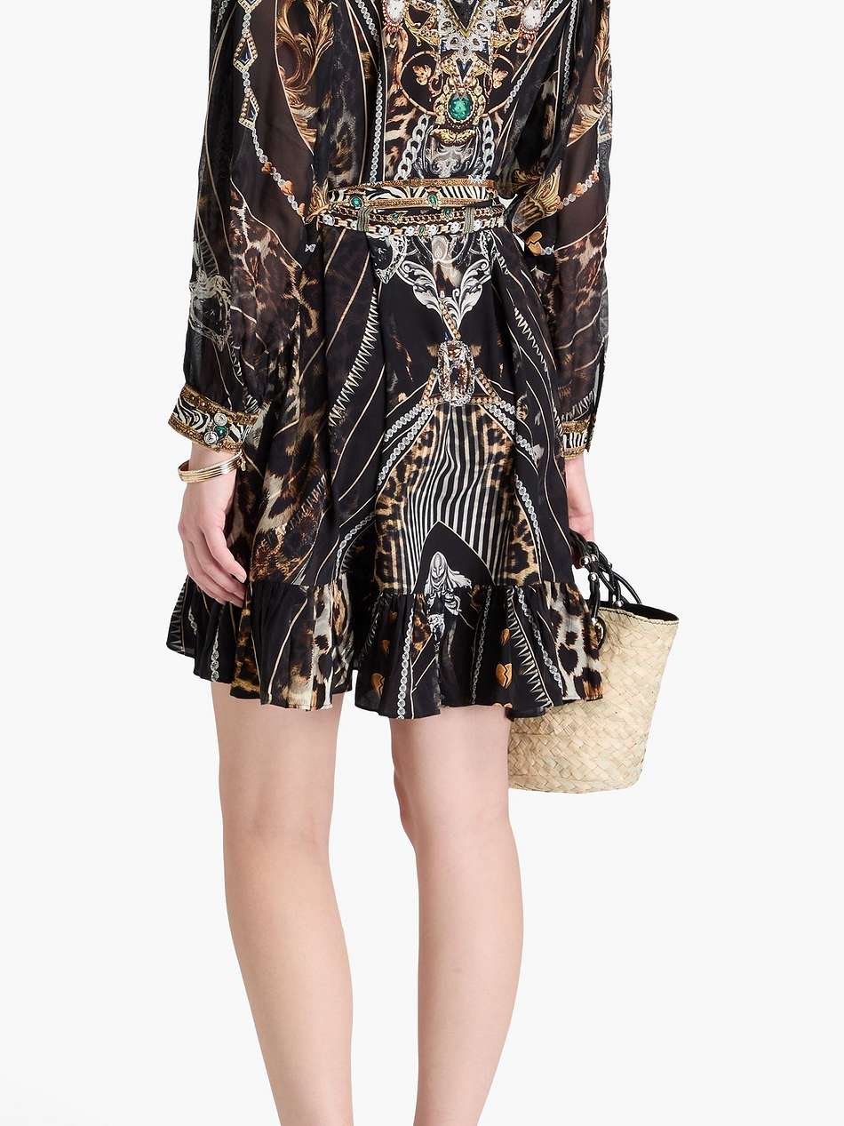 belted printed silk crepe de chine and voile mini dress