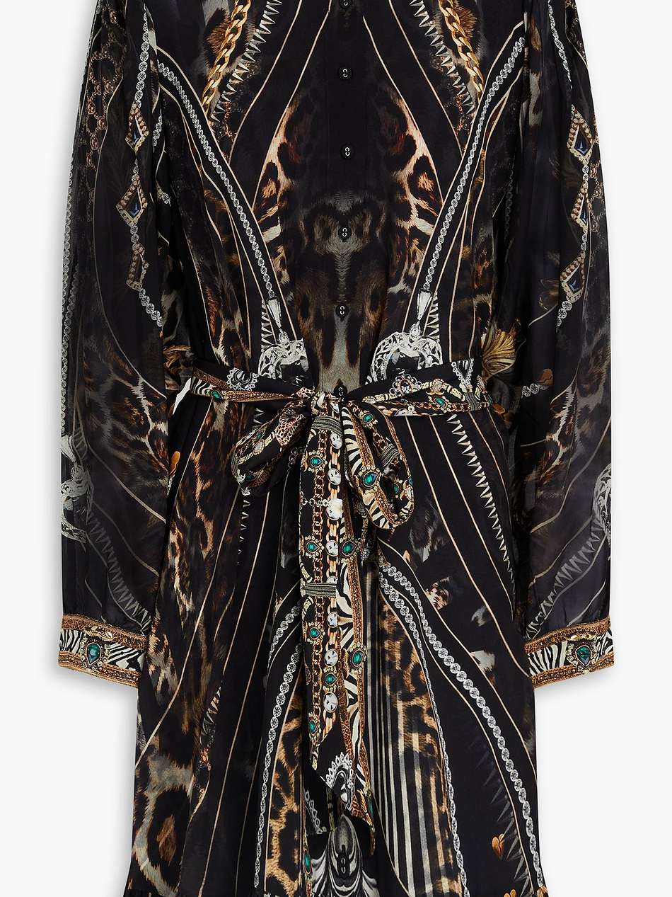 belted printed silk crepe de chine and voile mini dress