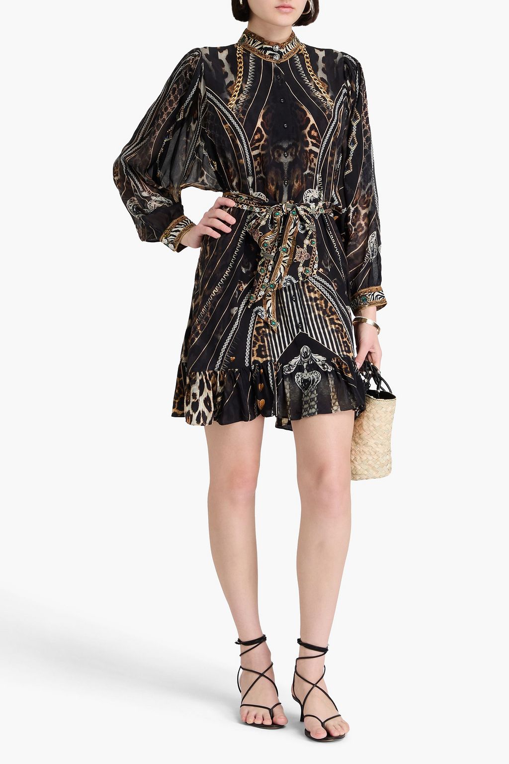 CAMILLA Minikleid aus Crêpe de Chine aus Seide und Voile mit Print und Gürtel