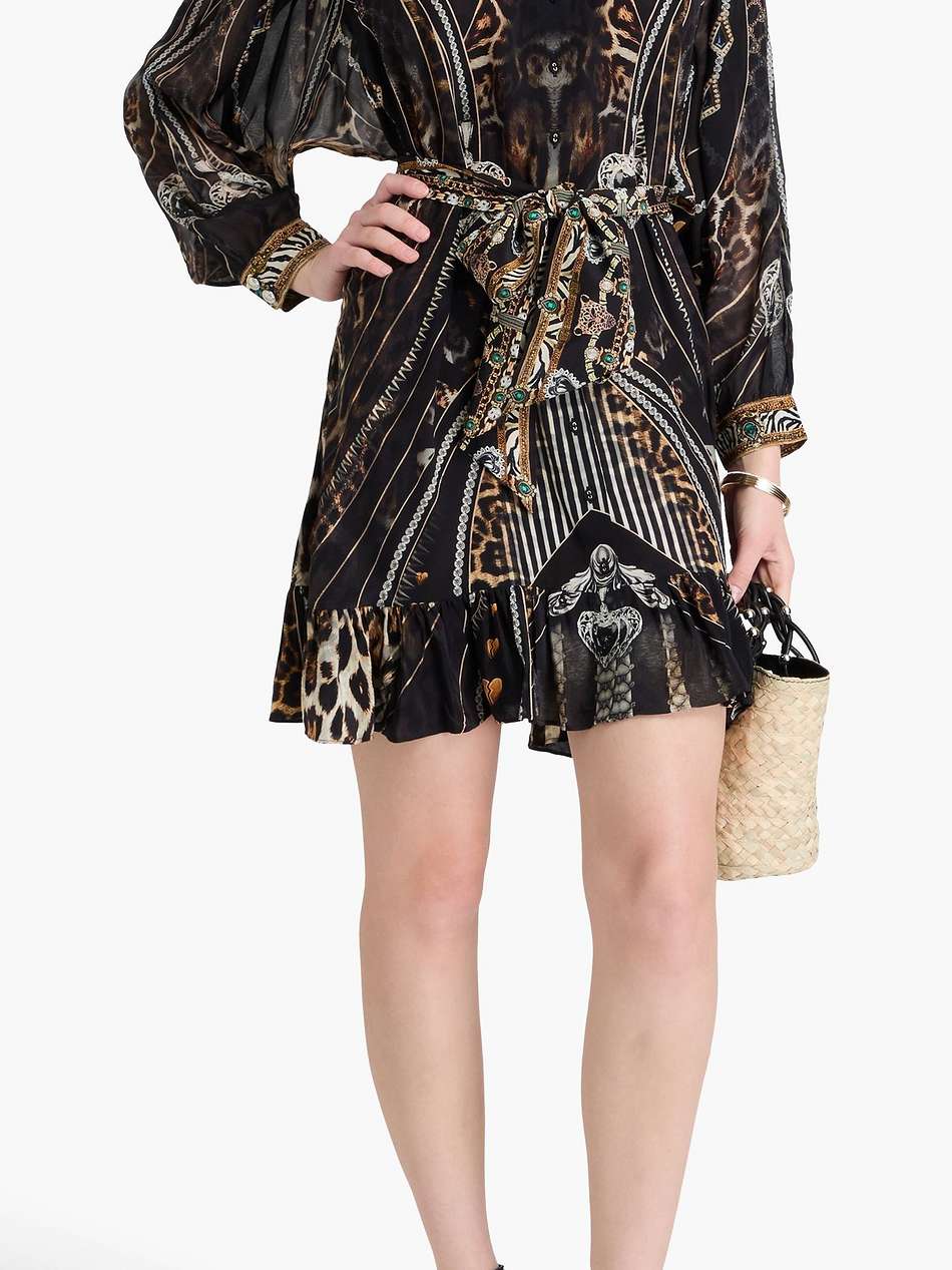 belted printed silk crepe de chine and voile mini dress