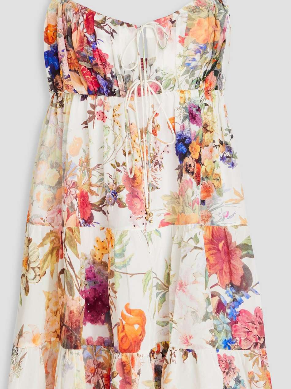 tiered crystal-embellished floral-print silk crepe de chine mini dress