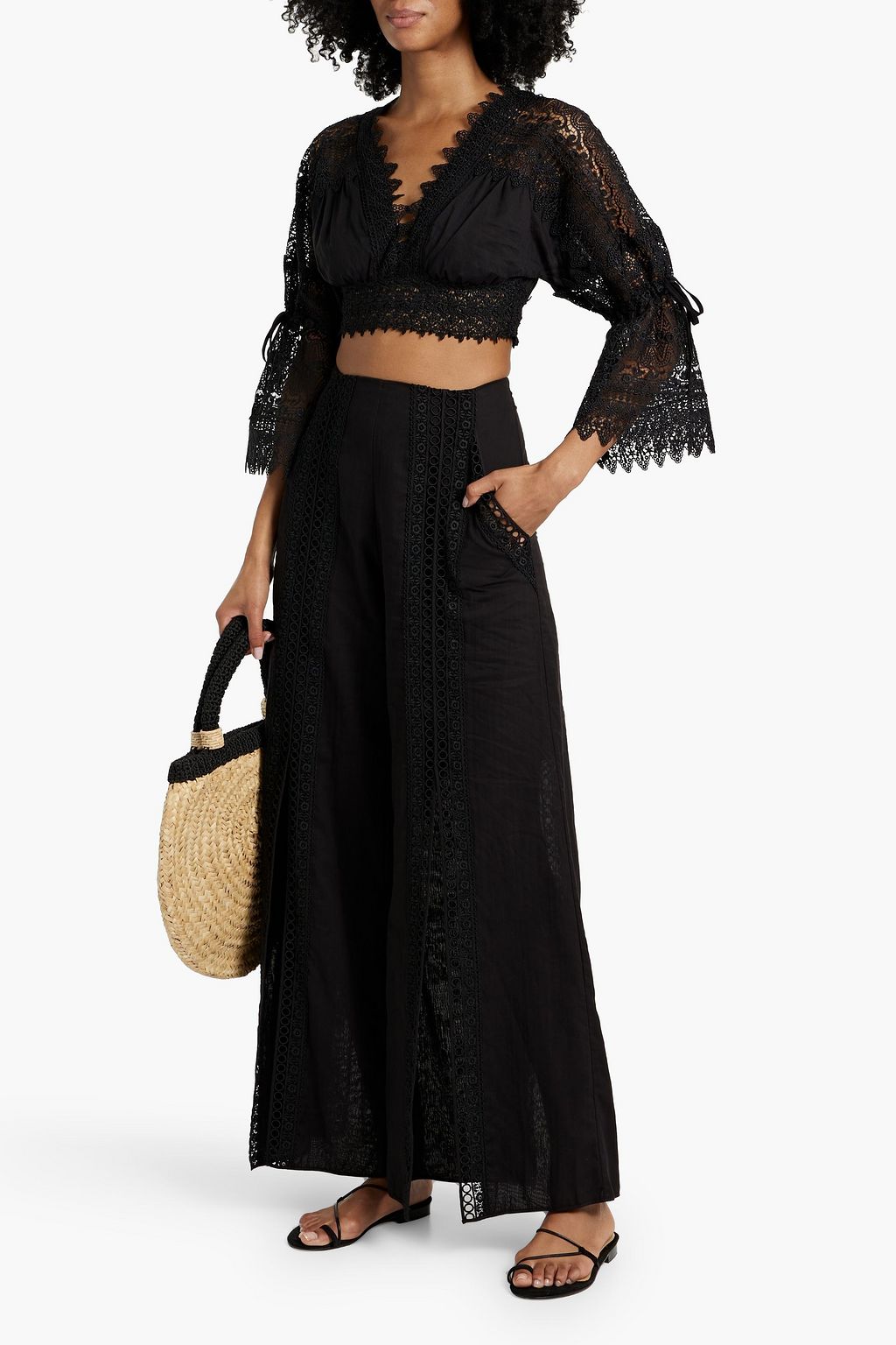 CHARO RUIZ IBIZA Cropped cotton-blend voile and guipure lace top