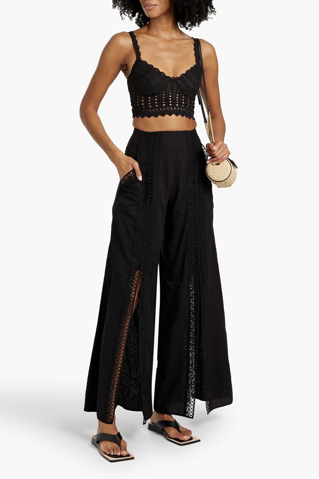 CHARO RUIZ IBIZA Lace-trimmed cotton-voile wide-leg pants