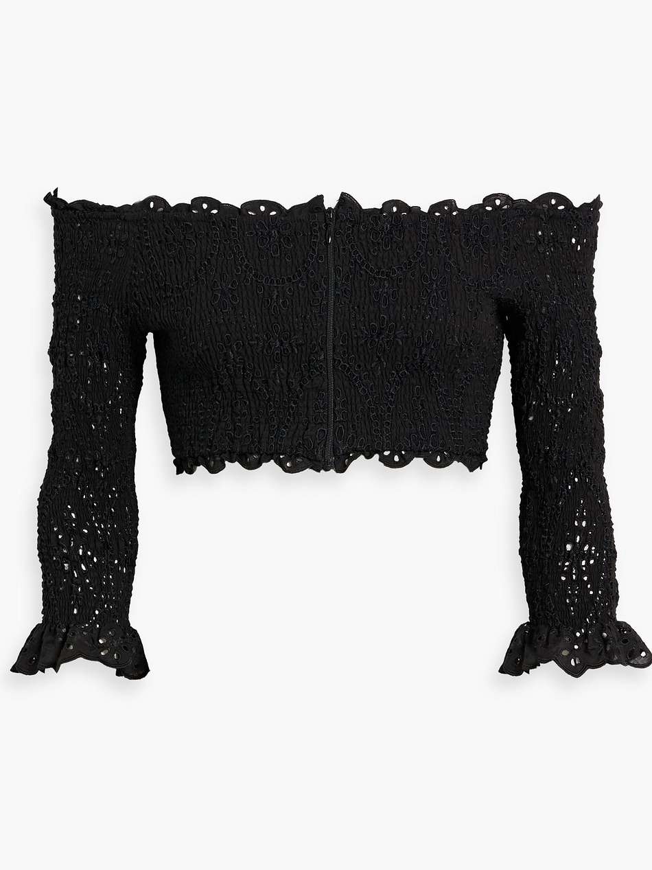 off-the-shoulder cropped broderie anglaise cotton-blend top