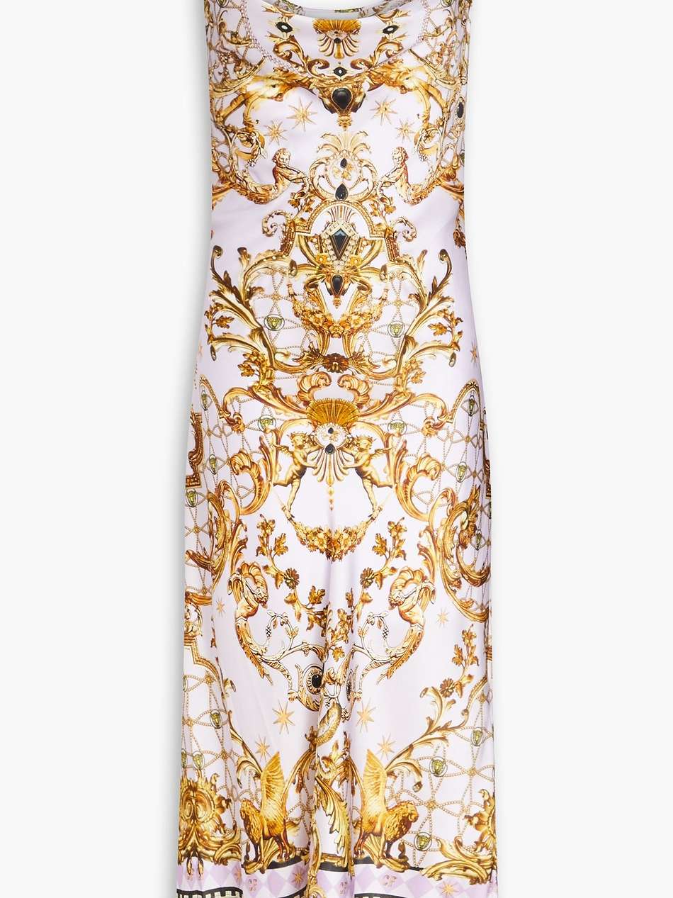 crystal-embellished printed silk-satin midi slip dress