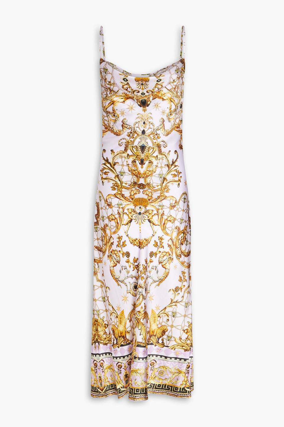 Camilla Crystal-embellished Printed Silk-satin Midi Slip Dress In Fliederfarben