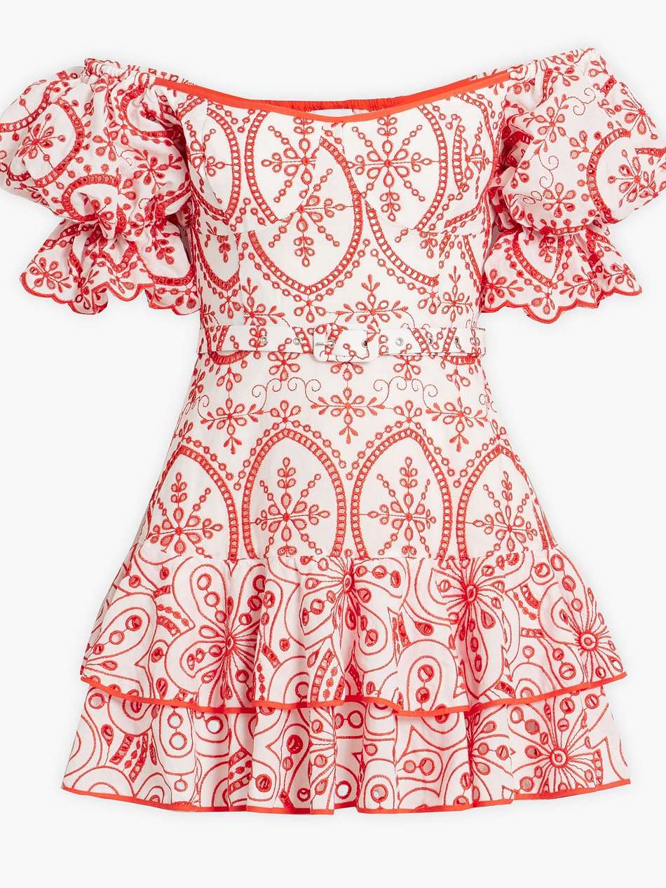 jean belted broderie anglaise cotton-blend mini dress
