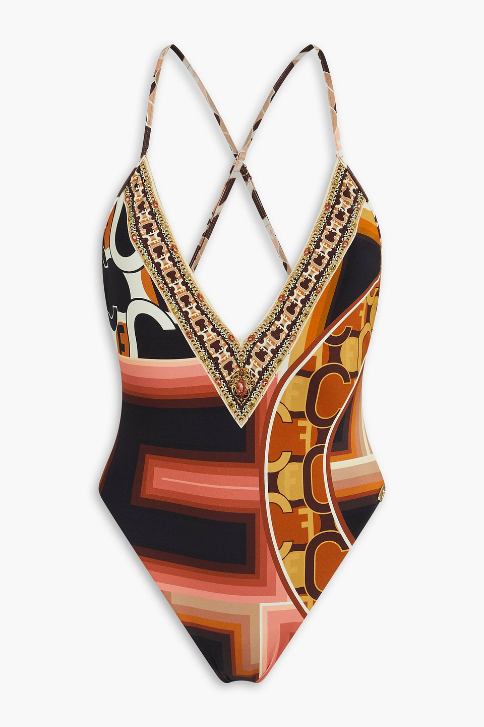 Crystal-embellished printed swimsuit
