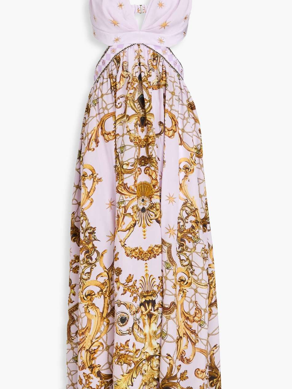 cutout crystal-embellished printed silk crepe de chine maxi dress