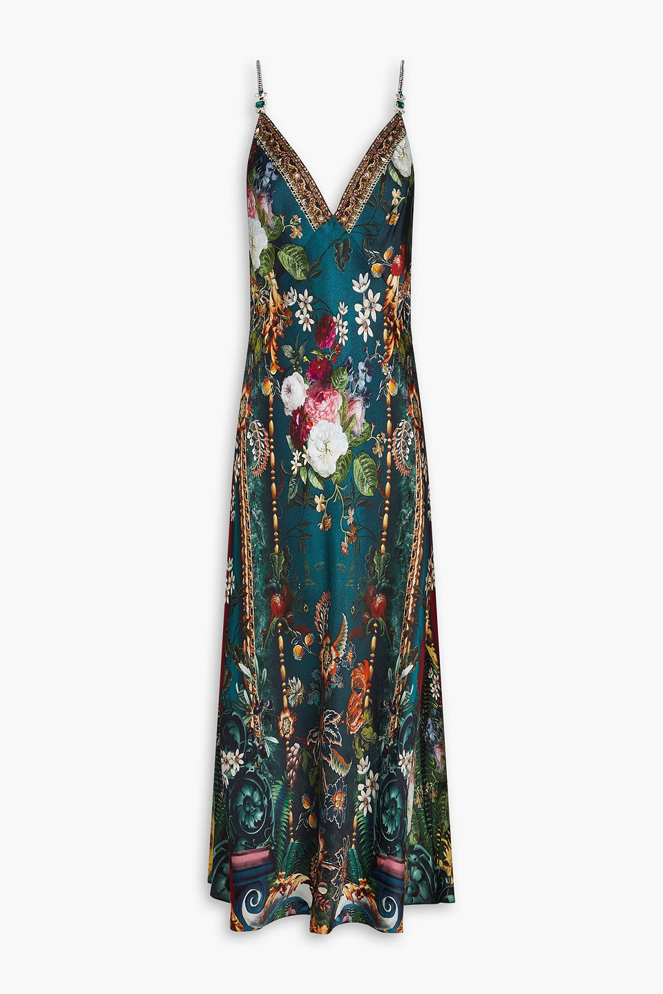 Camilla Crystal-embellished Floral-print Silk-satin Midi Slip Dress In Petrol
