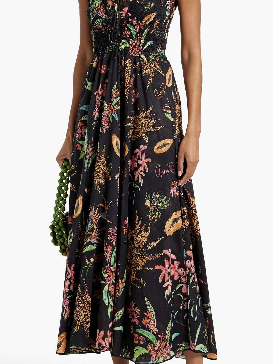 coa shirred printed cotton-voile maxi dress