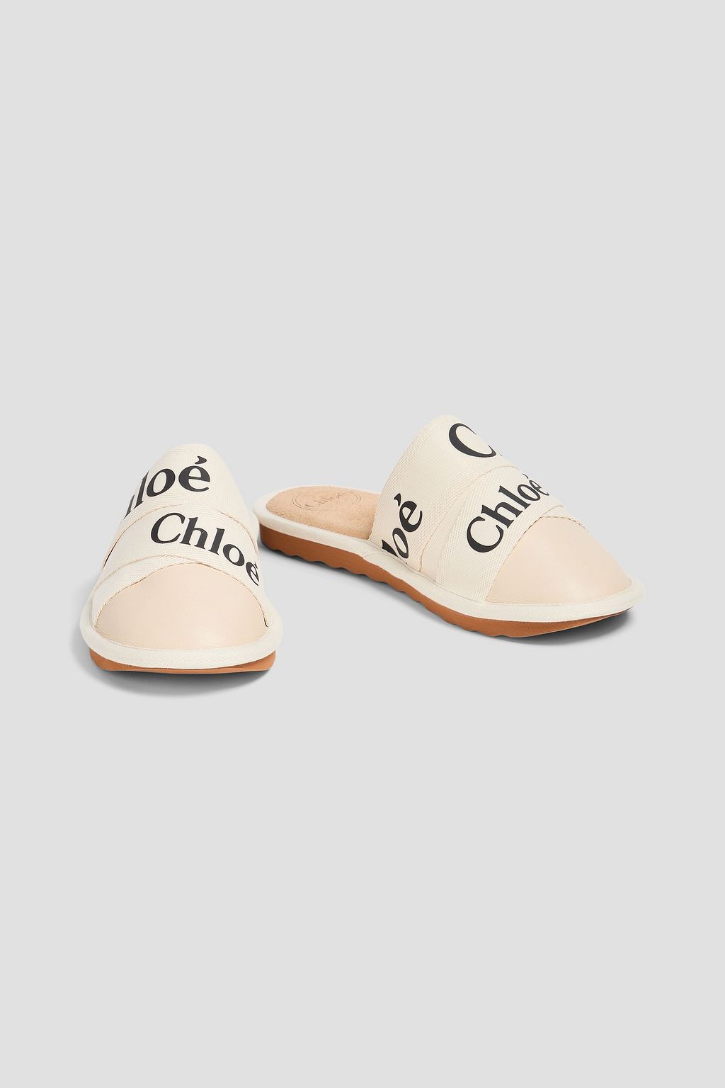 CHLOÉ Woody logo-print canvas and leather slippers