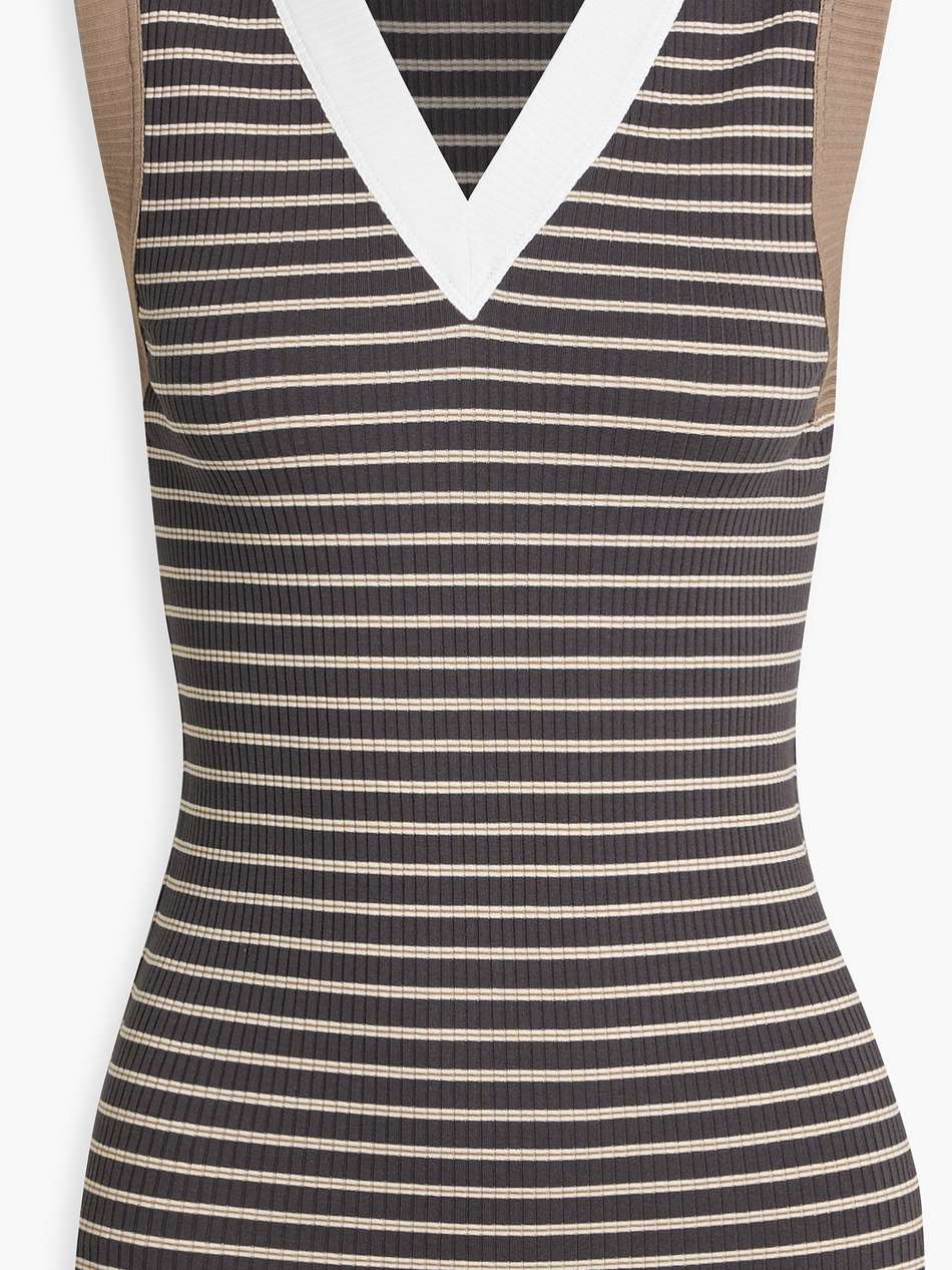 bead-embellished striped ribbed cotton-blend top