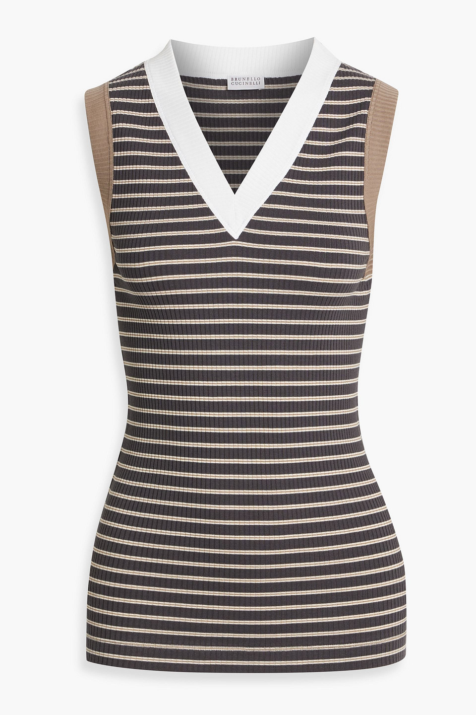Brunello Cucinelli Bead-embellished Striped Ribbed Cotton-blend Top In Anthracite