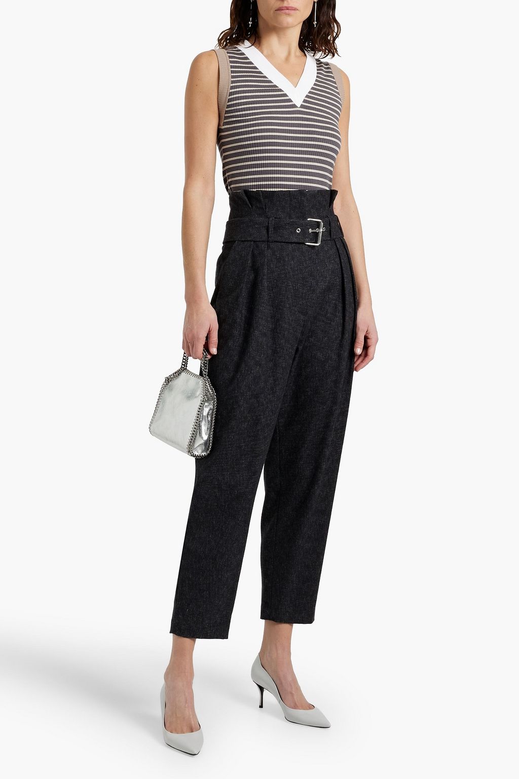 BRUNELLO CUCINELLI Bead-embellished striped ribbed cotton-blend top