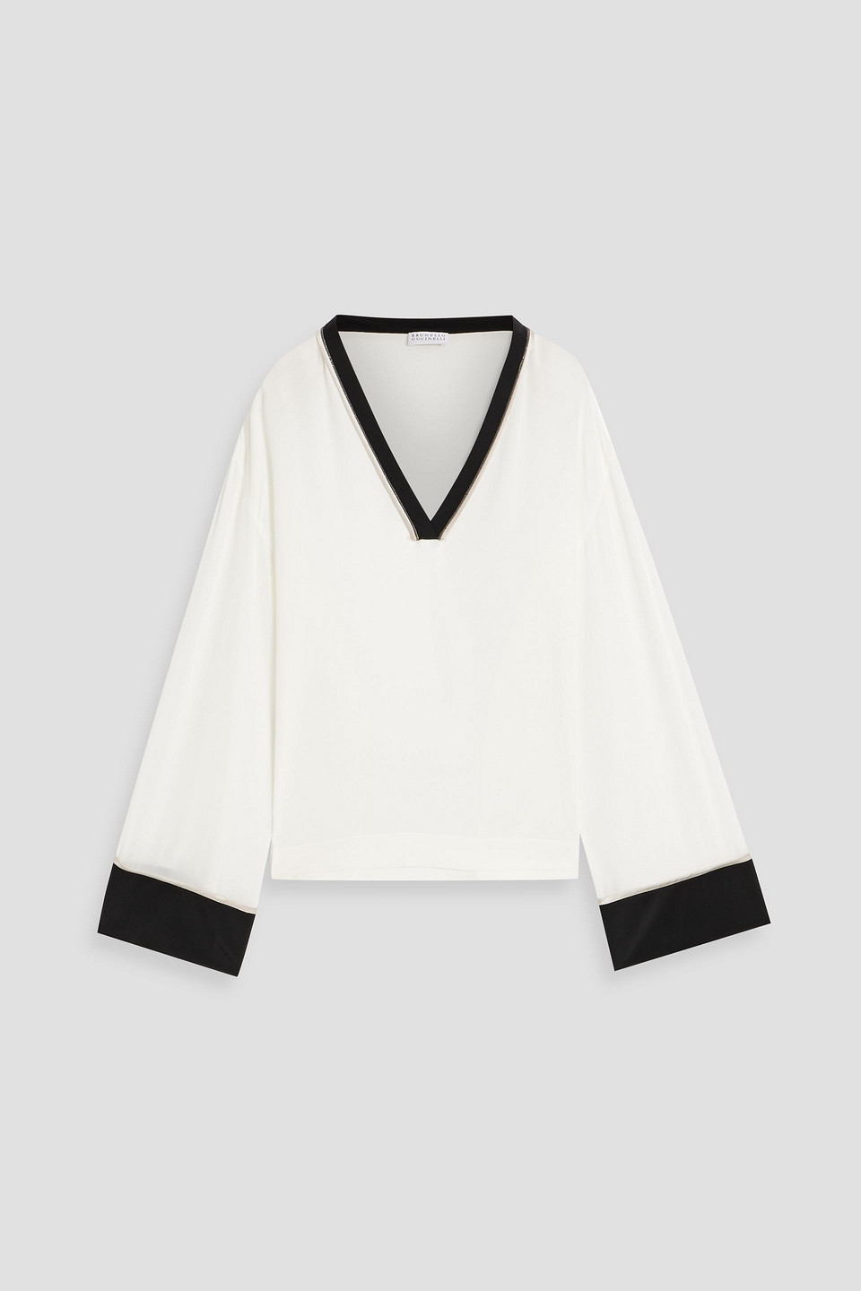 Brunello Cucinelli Bead-embellished Silk-crepe Blouse In White