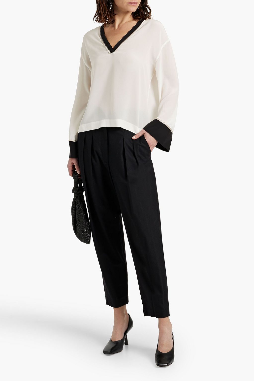 BRUNELLO CUCINELLI Bead-embellished silk-crepe blouse