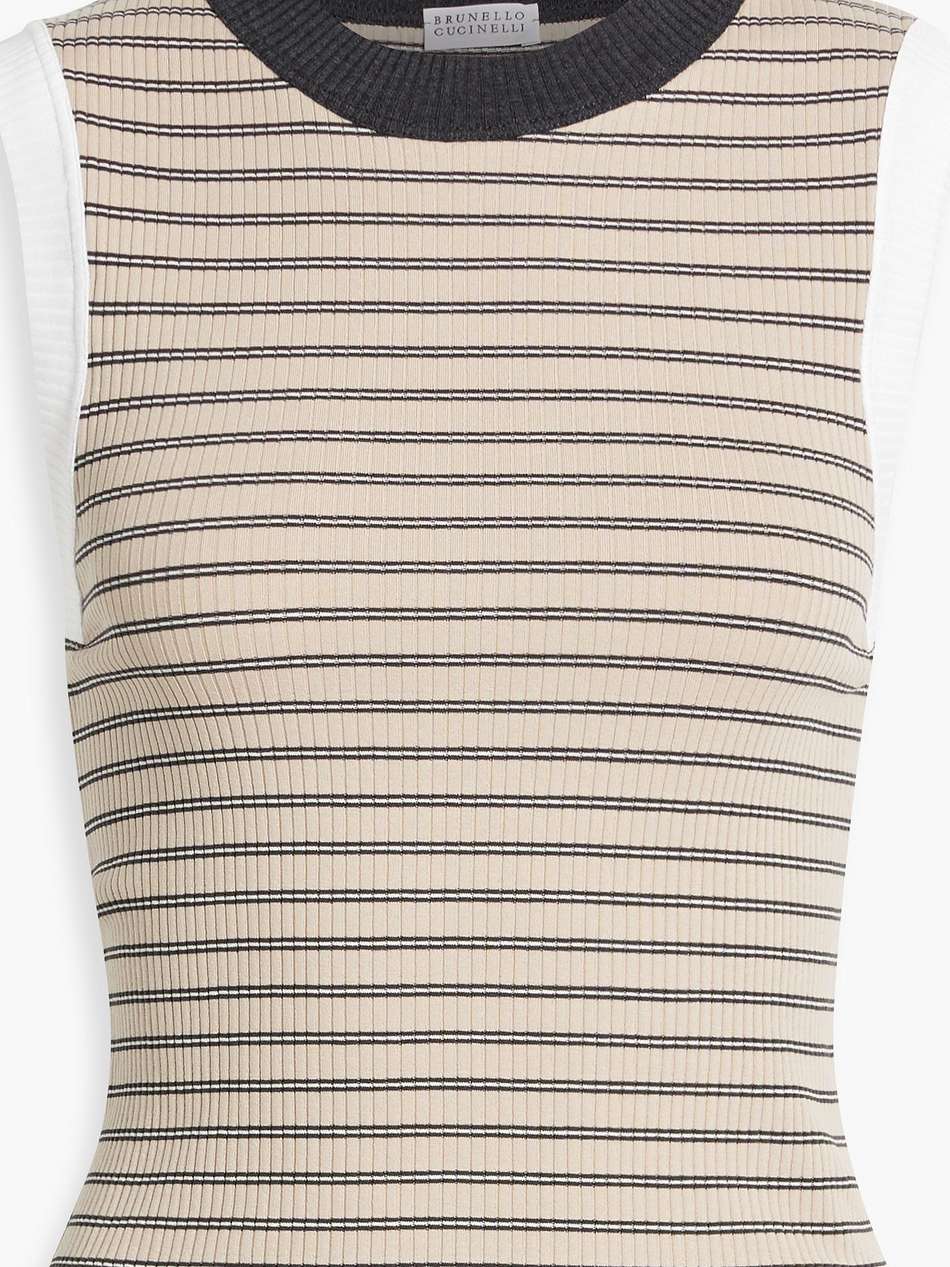 bead-embellished striped ribbed cotton-blend top