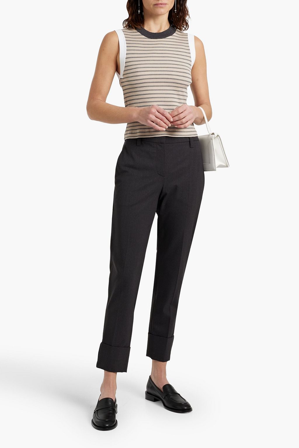 BRUNELLO CUCINELLI Bead-embellished striped ribbed cotton-blend top