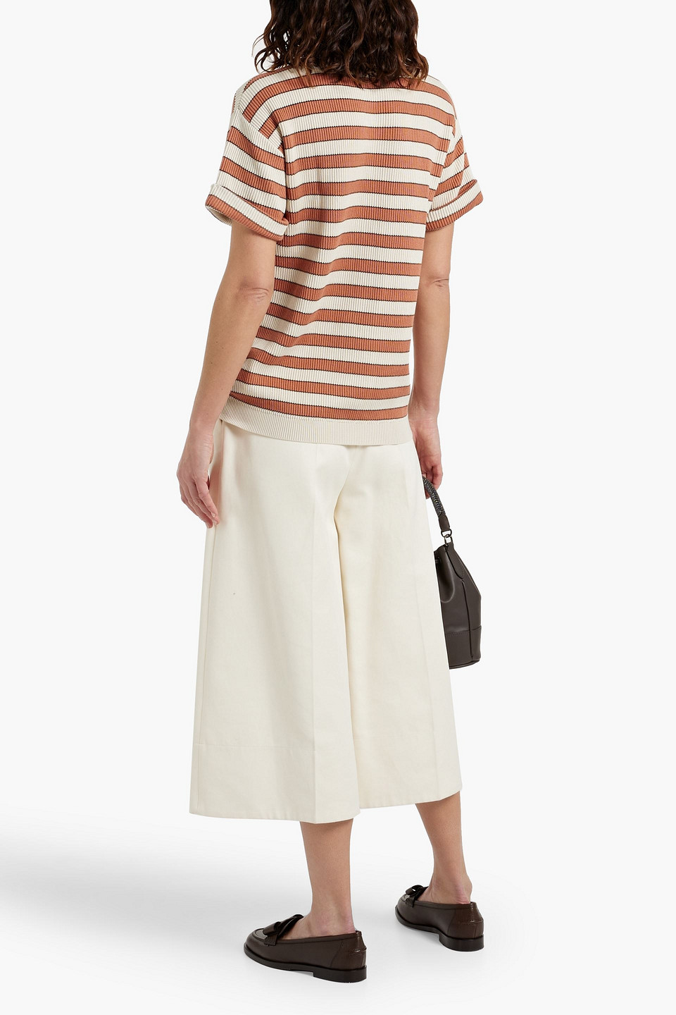 Brunello Cucinelli Bead-embellished Striped Ribbed Cotton Top In Antique Rose