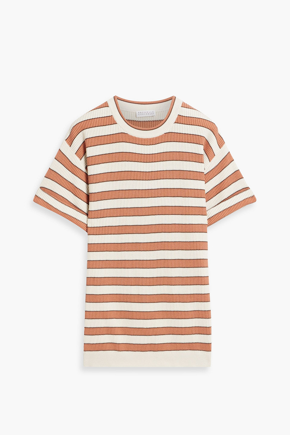 Brunello Cucinelli Bead-embellished Striped Ribbed Cotton Top In Neutral