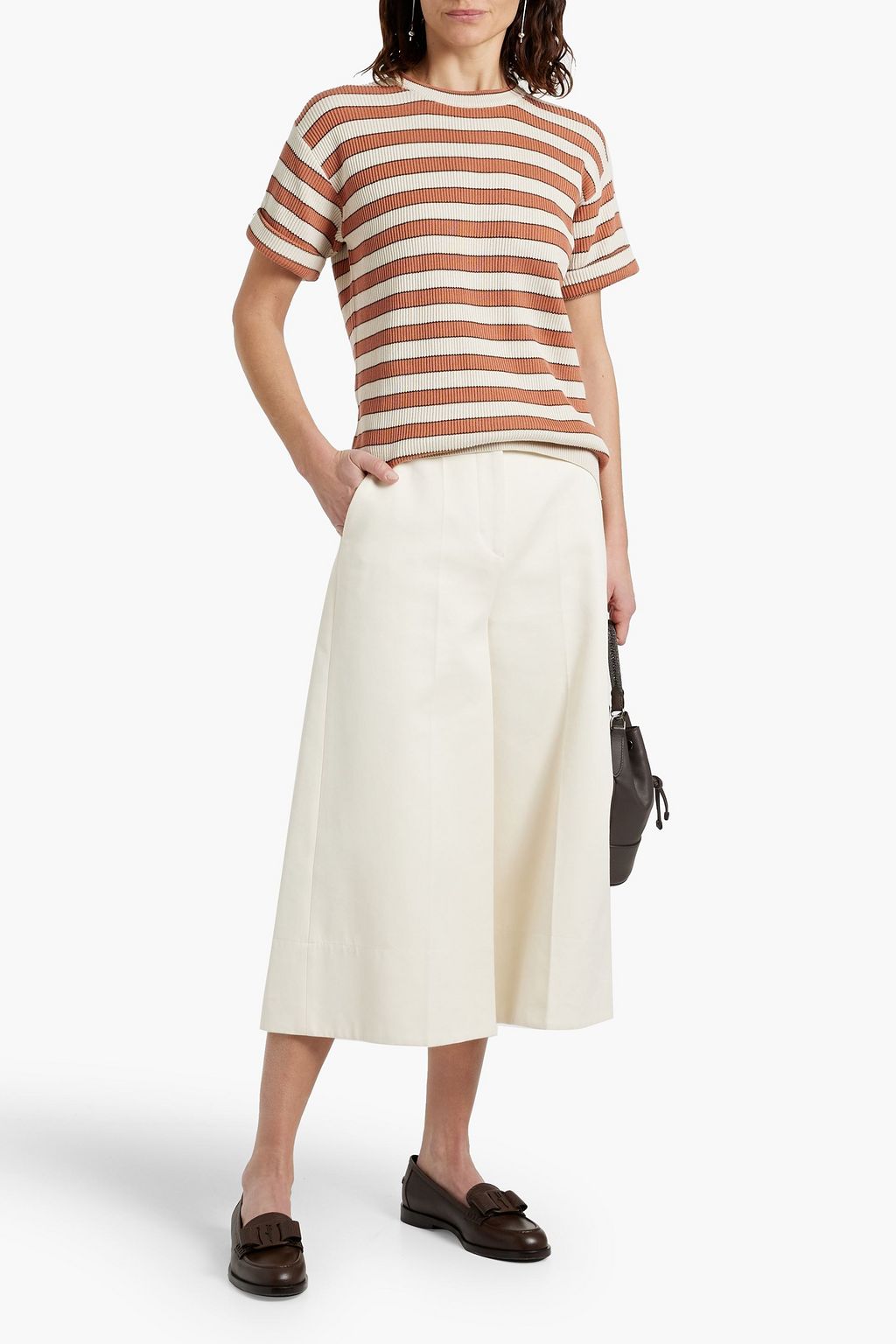 BRUNELLO CUCINELLI Bead-embellished striped ribbed cotton top