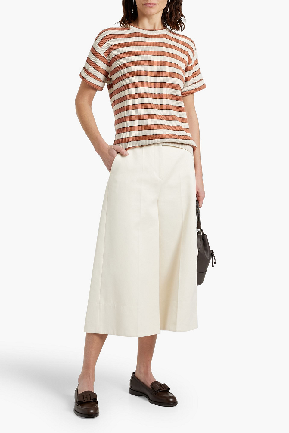 Brunello Cucinelli Bead-embellished Striped Ribbed Cotton Top In Antique Rose