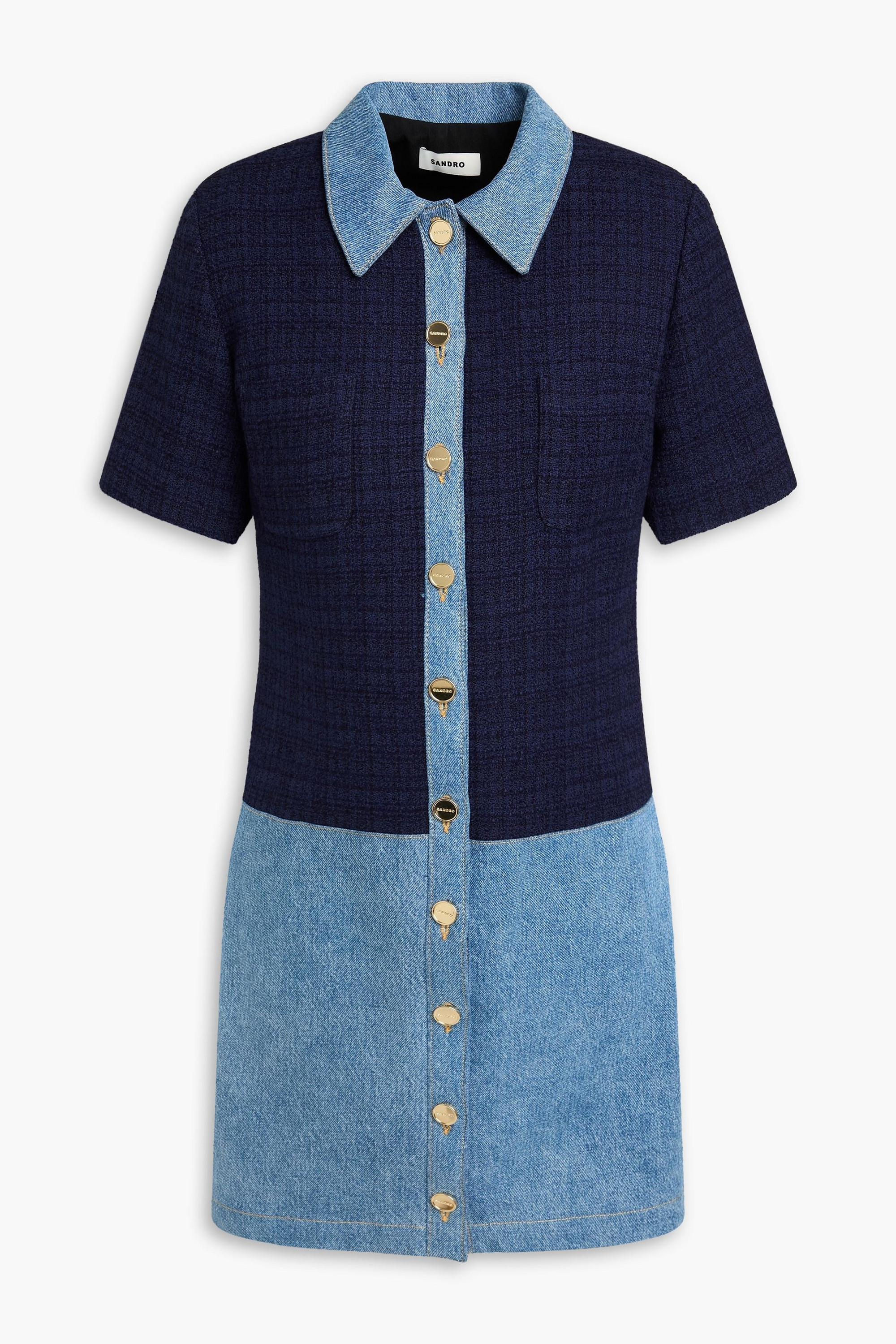 sandro denim tweed dress SANDRO - Denim-paneled tweed mini shirt dress