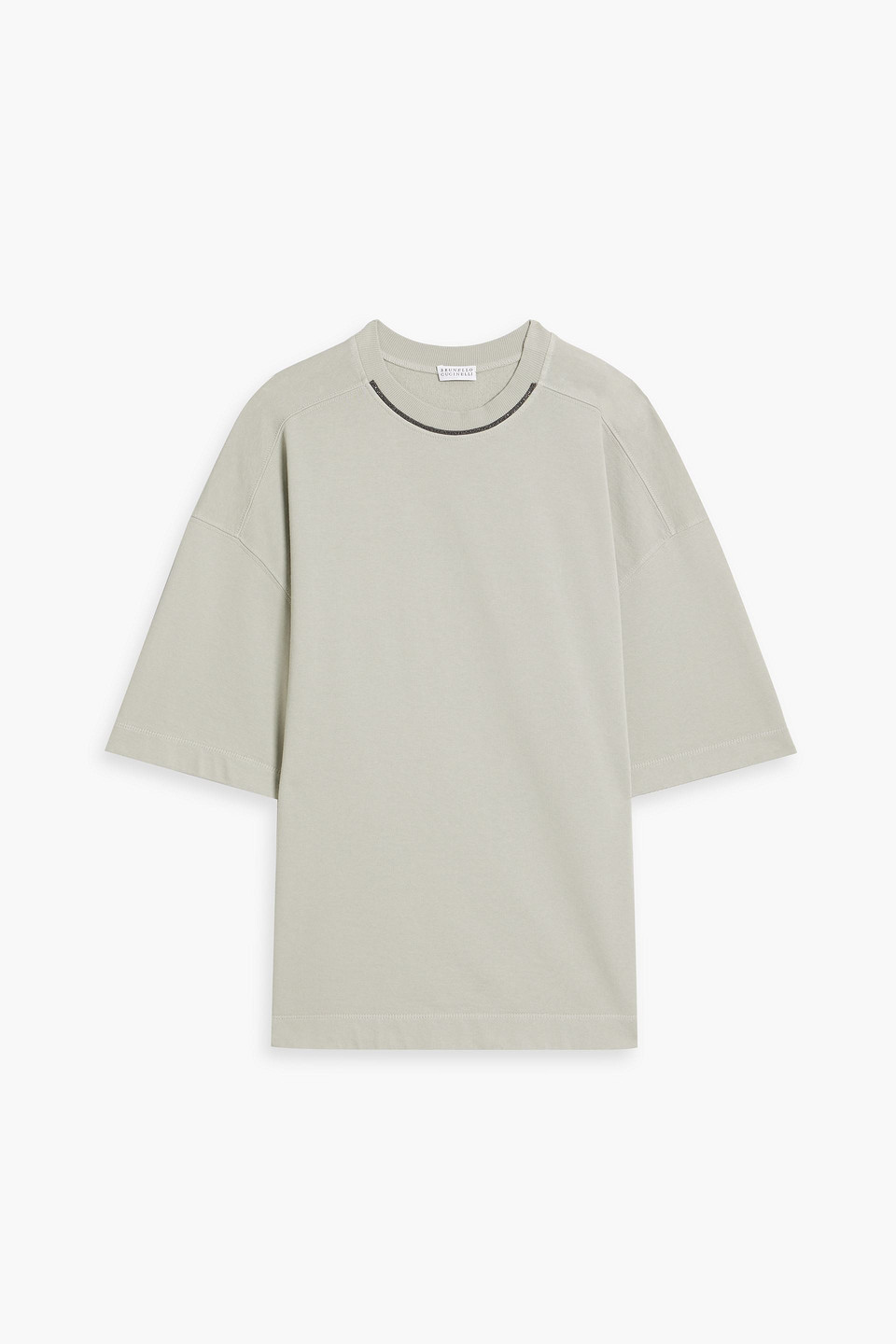 Brunello Cucinelli Bead-embellished French Cotton-terry T-shirt In Sage Green