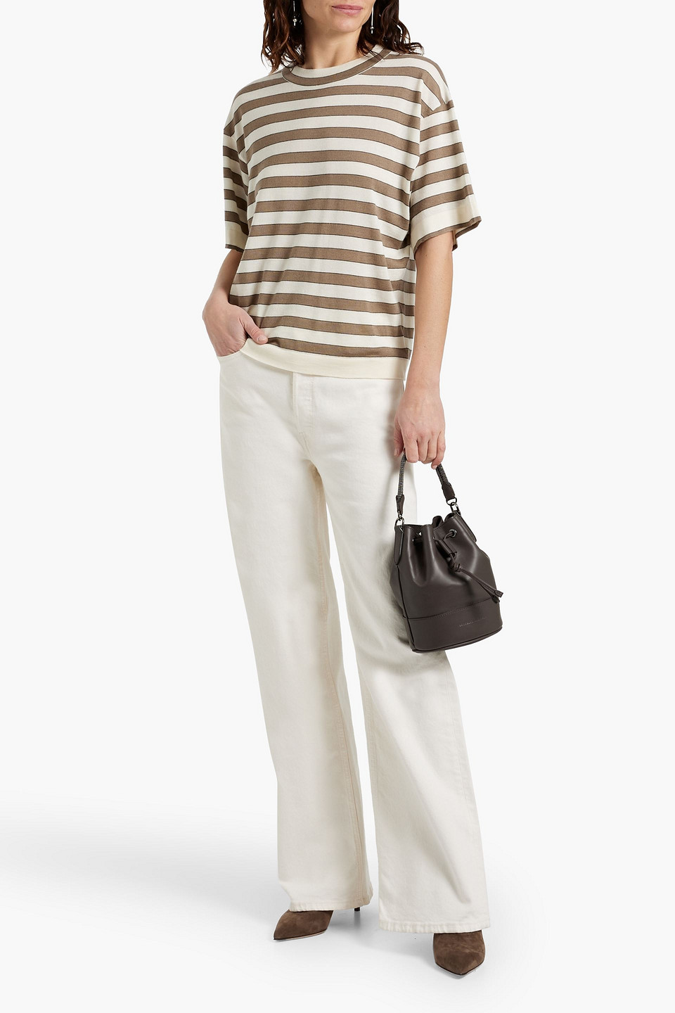 Brunello Cucinelli Striped Cashmere And Silk-blend Top In Ecru