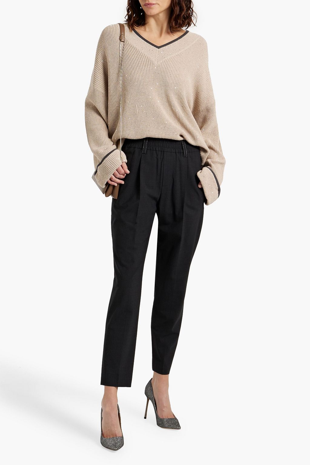 BRUNELLO CUCINELLI Bead-embellished pleated wool-blend tapered pants