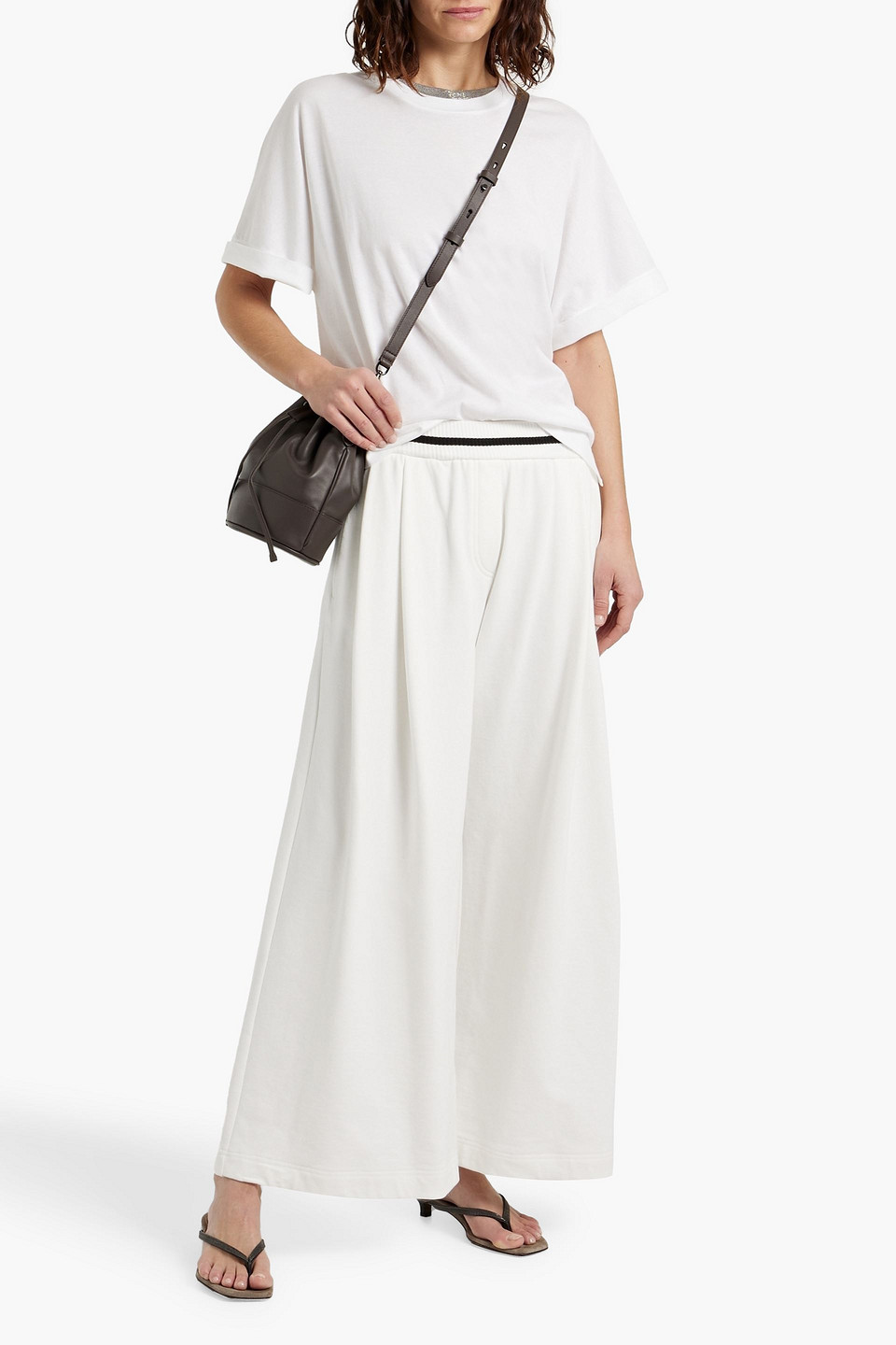 Shop Brunello Cucinelli French Cotton-terry Wide-leg Pants In Off-white
