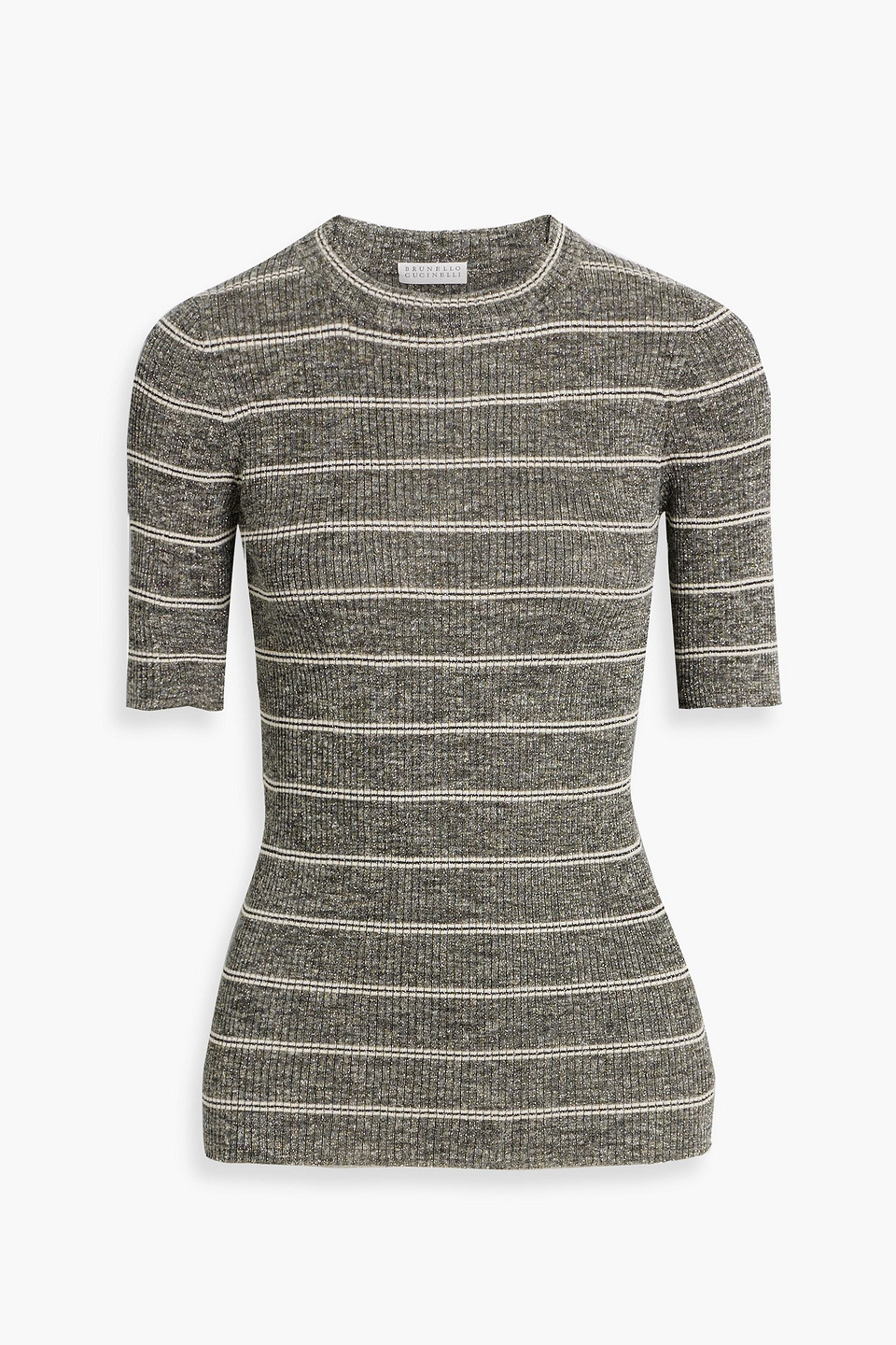 Brunello Cucinelli Metallic Striped Ribbed-knit Top In Gray