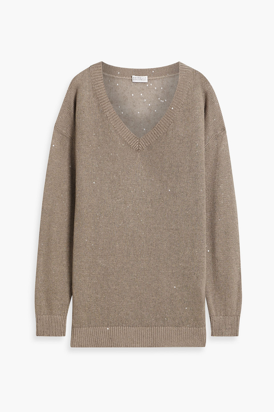 Brunello Cucinelli Sequin-embellished Linen And Silk-blend Sweater In Taupe