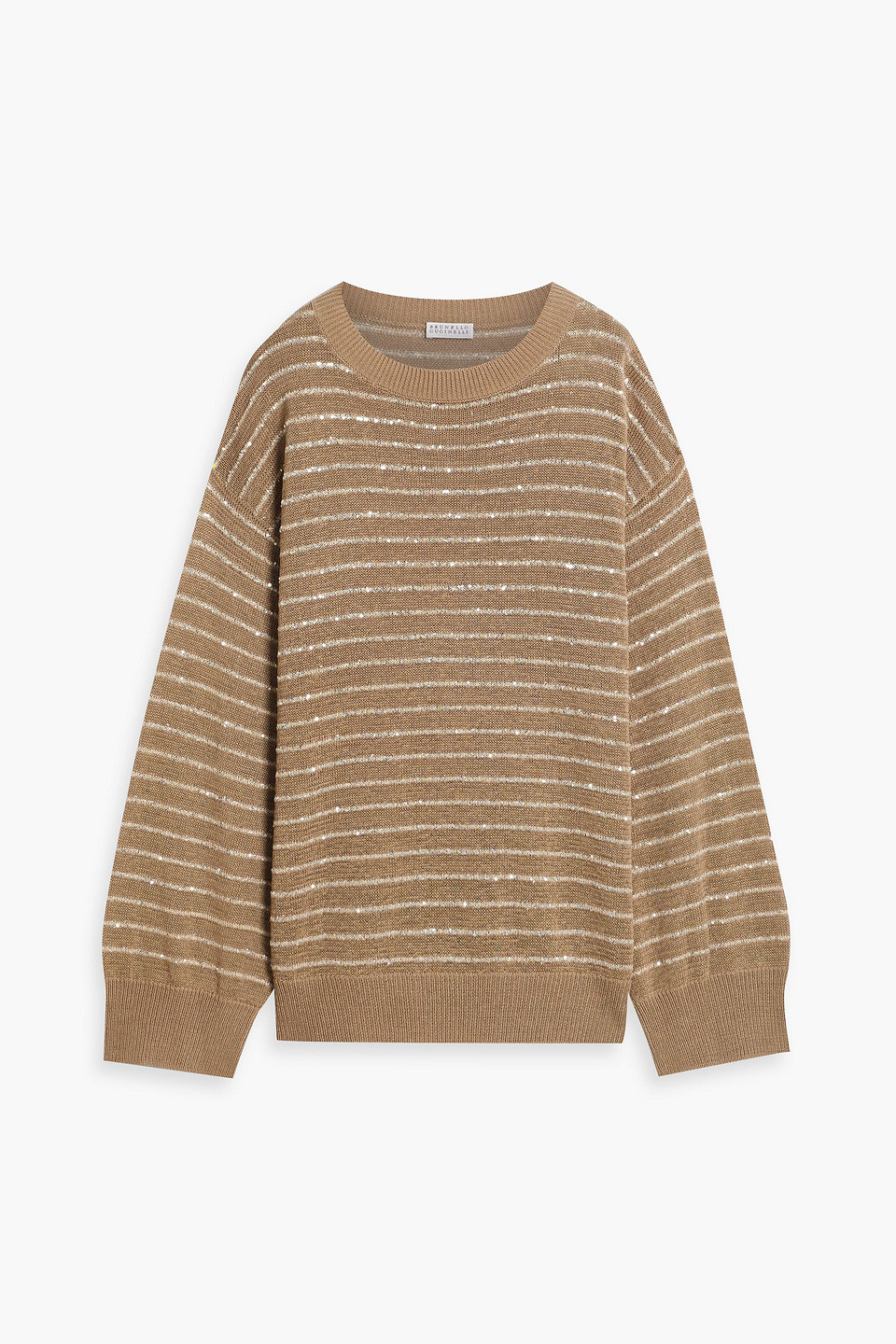 Brunello Cucinelli Sequin-embellished Striped Cotton Sweater In Taupe
