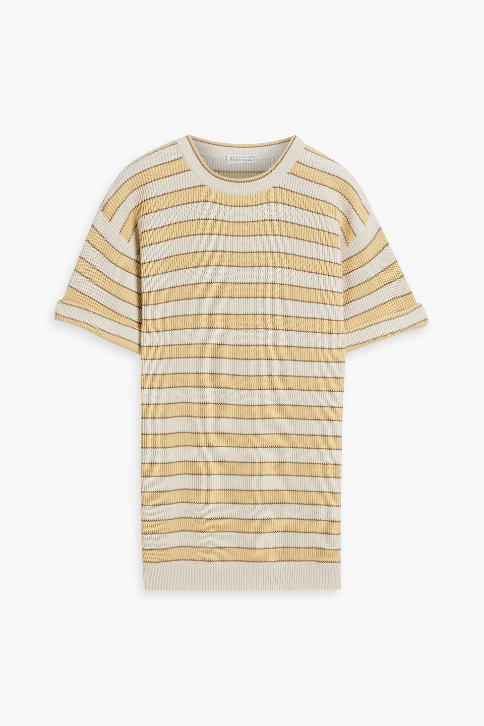 Brunello Cucinelli Bead-embellished Striped Ribbed Cotton Top In Yellow
