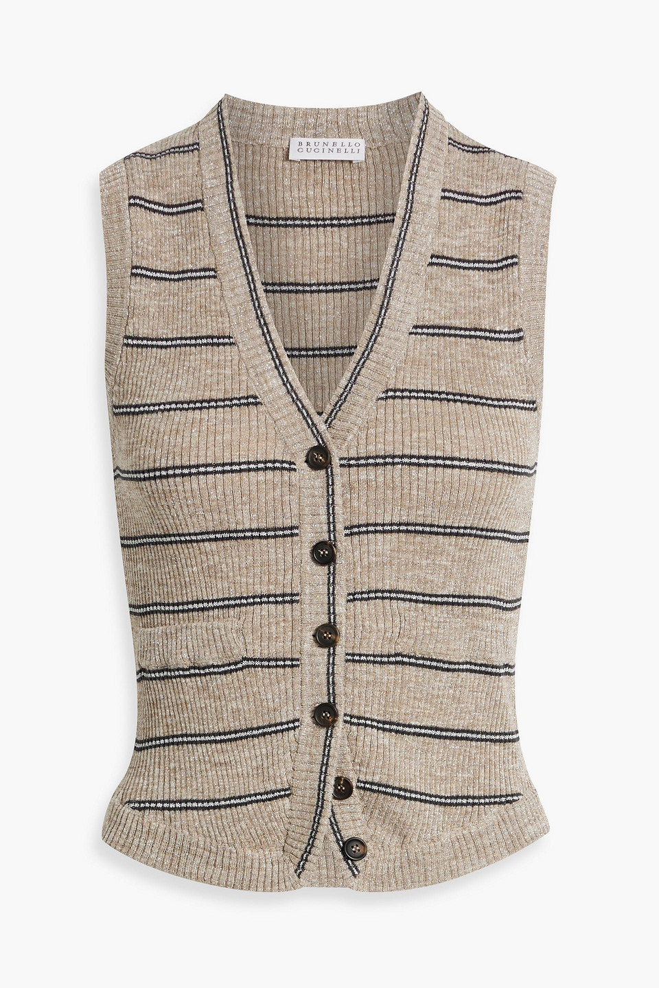 Brunello Cucinelli Metallic Striped Ribbed-knit Vest In Mushroom