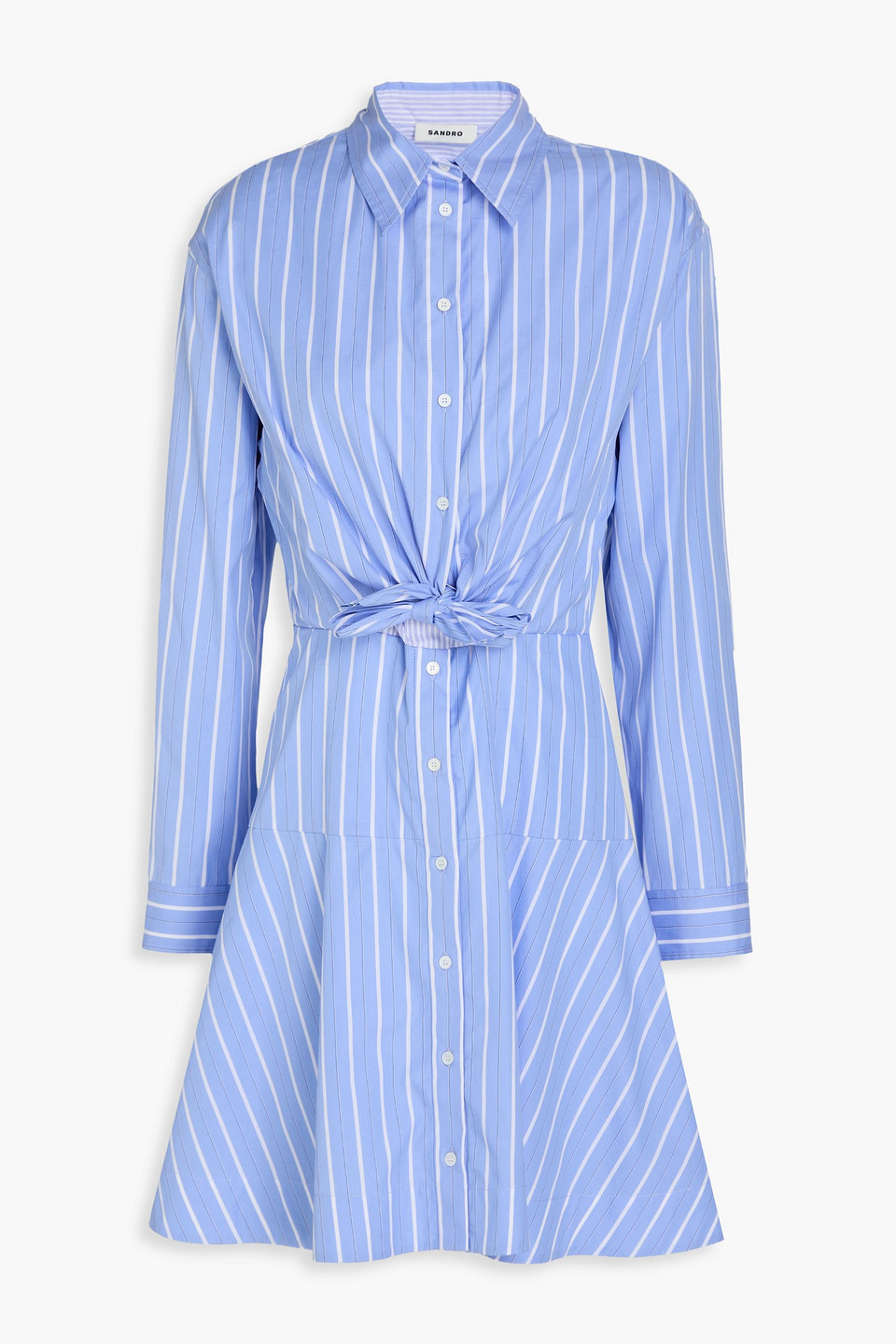 Sandro Tie-detailed Striped Cotton-poplin Mini Shirt Dress In Bleu