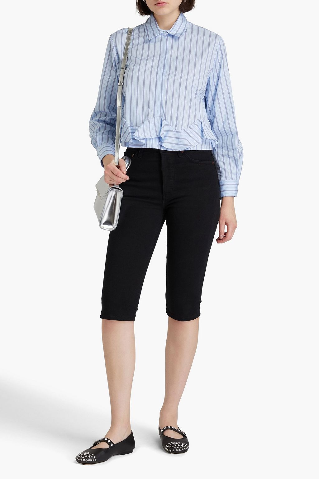 SANDRO Ruffled striped cotton-poplin shirt
