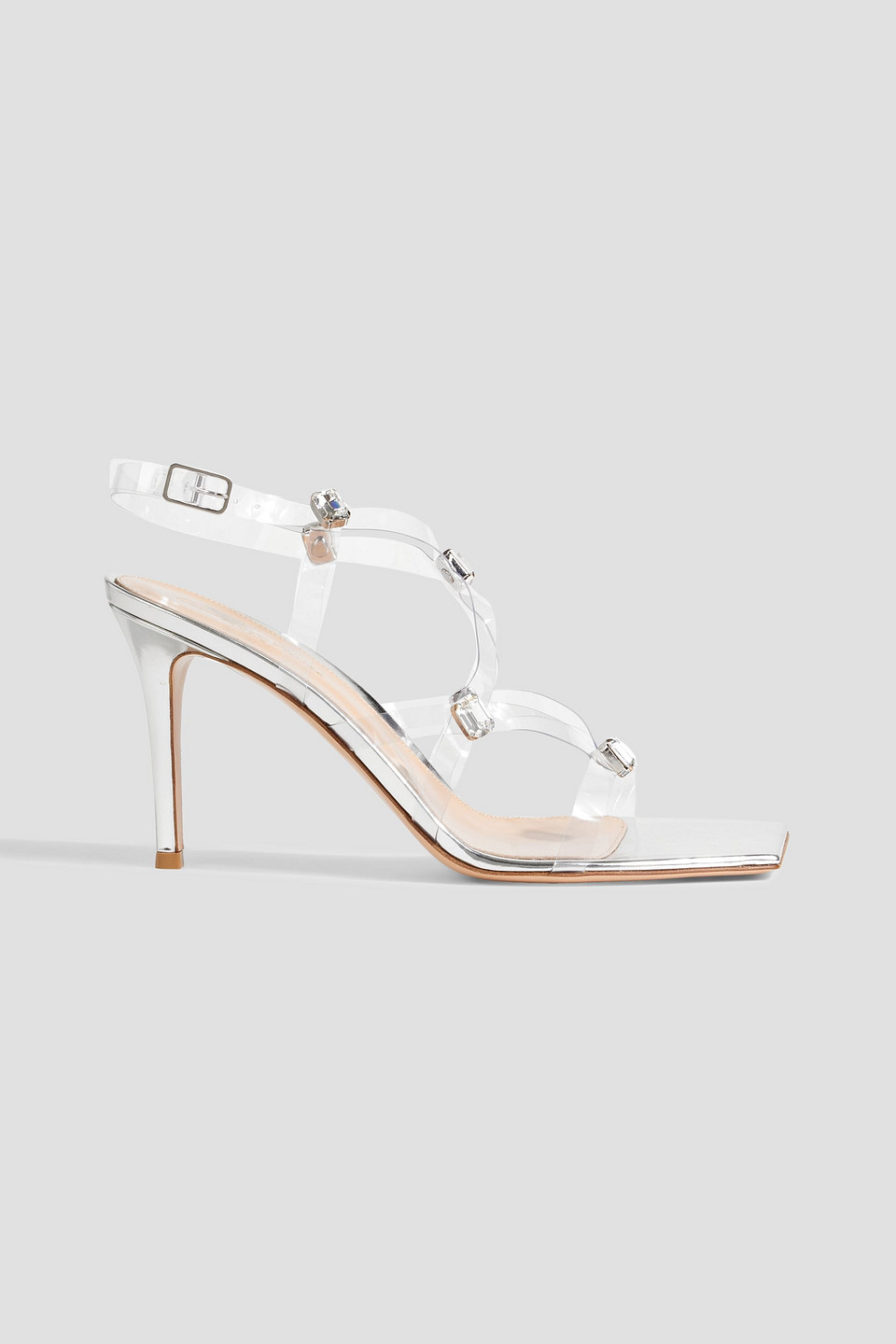 Crystal-embellished mirrored leather and PVC sandals