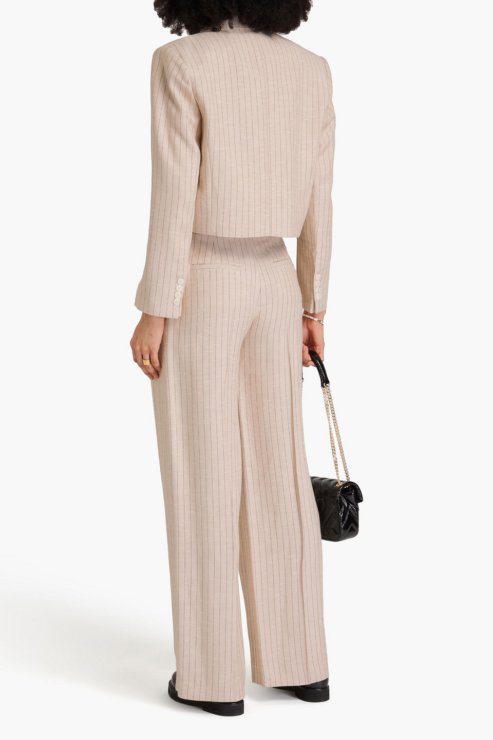 Sandro Cropped Pinstriped Crepe Blazer In Beige