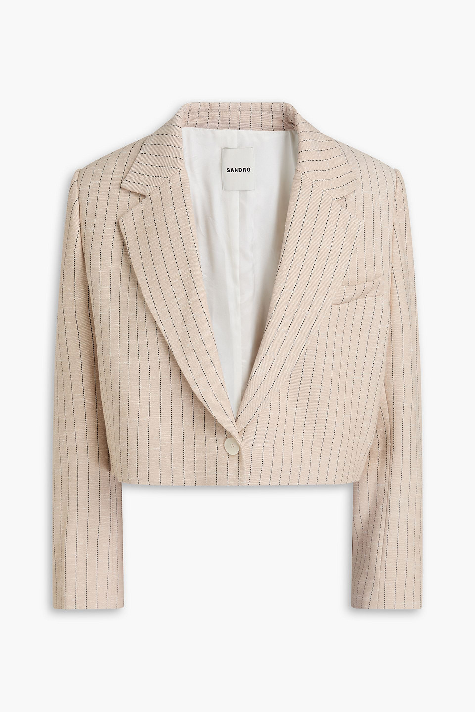 Sandro Cropped Pinstriped Crepe Blazer In Beige