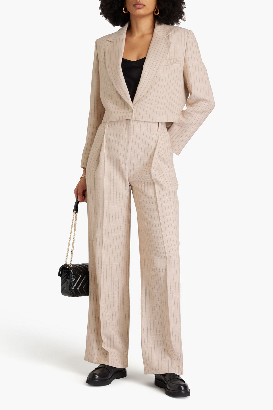 Sandro Cropped Pinstriped Crepe Blazer In Beige