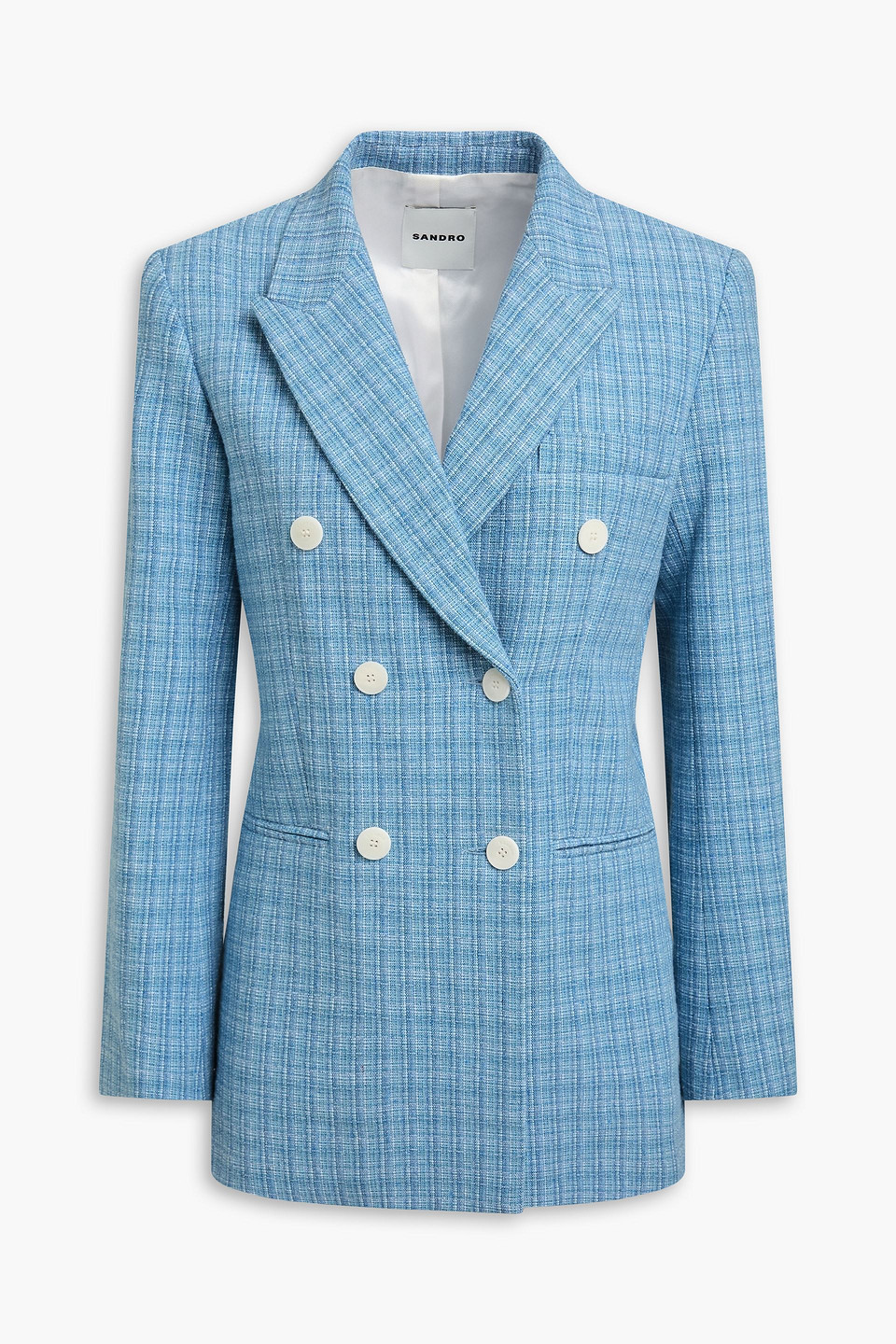 Sandro Doppelreihiger Blazer Aus Tweed Aus Einer Baumwollmischung In Bleu