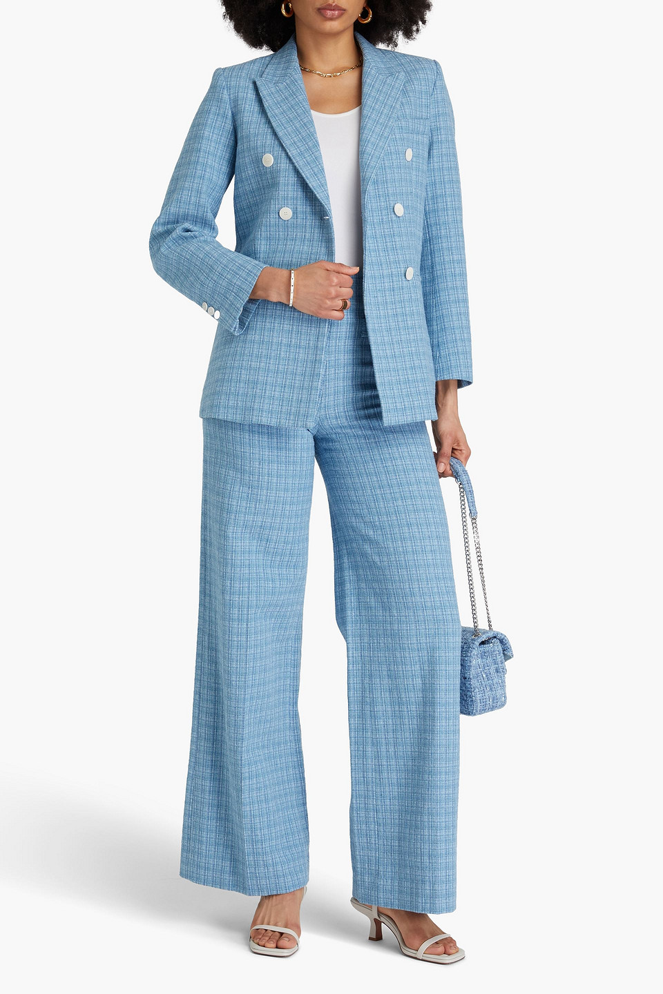 Sandro Doppelreihiger Blazer Aus Tweed Aus Einer Baumwollmischung In Bleu